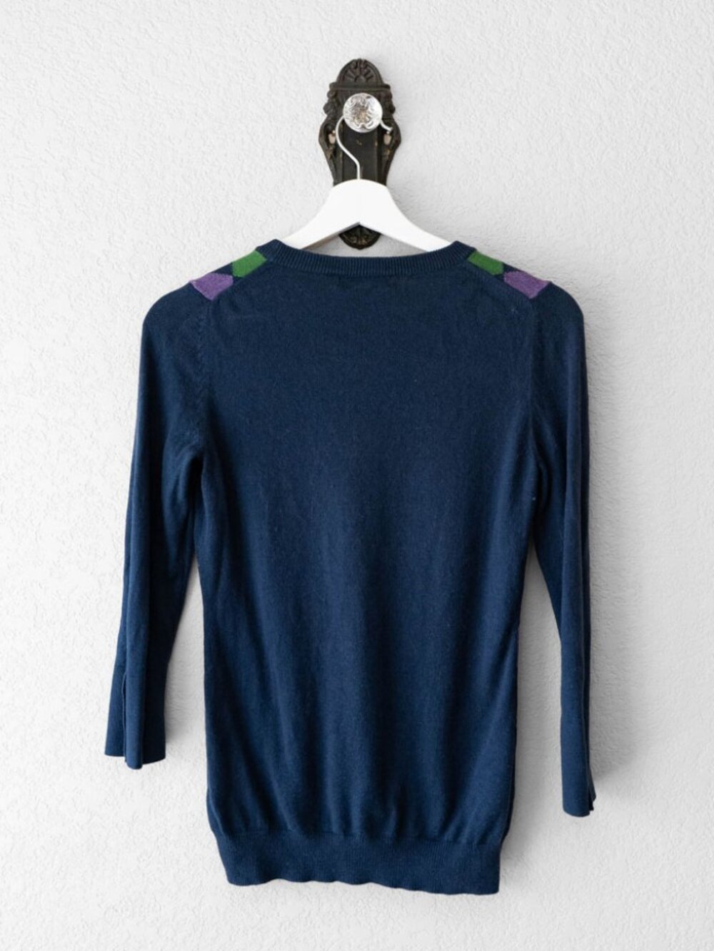 Banana Republic Argyle Sweater XS Navy Blue Angora Rabbit Blend 3/4Sleeve Preppy - Picture 9 of 14